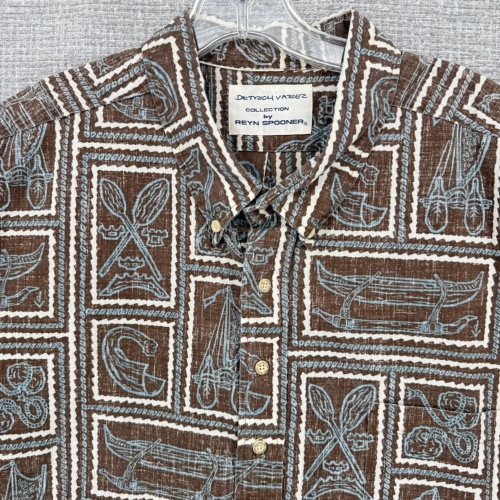 Reyn Spooner Sz 3XL Hawaiian Popover‎ Blue Brown Canoe Varez Surf Fish Art Lava